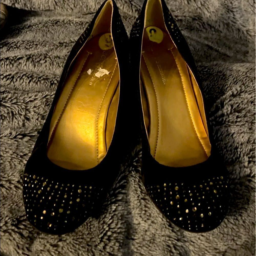 Black suede wedge heels BCBG rhinestone sparkle bling